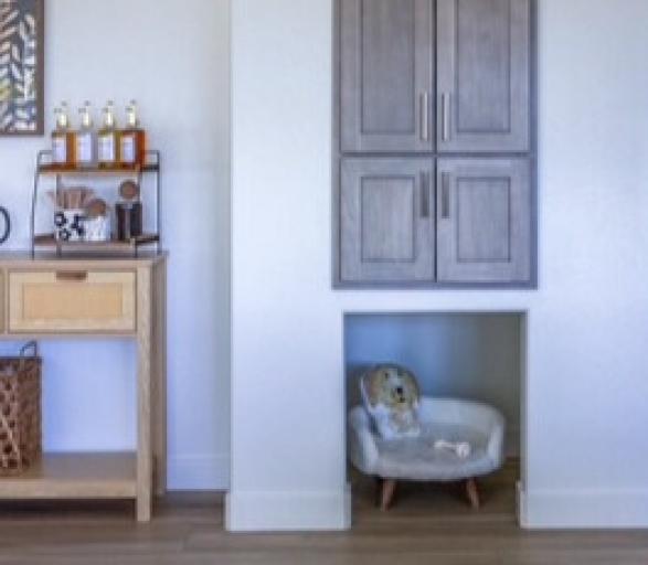 Pet-friendy dog nook with built-in cabinet above 