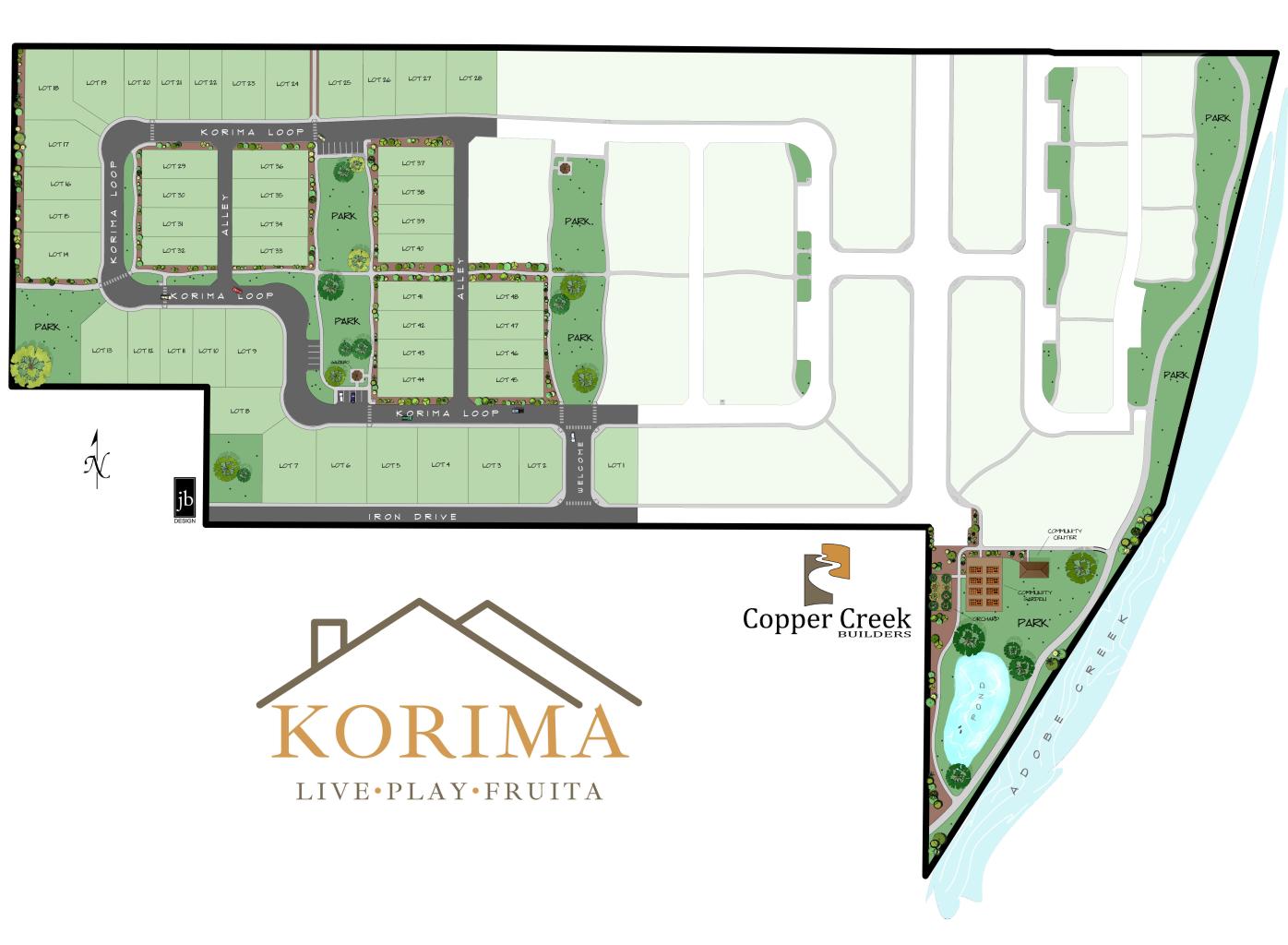 Sitemap of the Coppercreek neighborhood showing lot layouts, streets, green spaces, and community features. The map highlights residential plots, road networks, and overall neighborhood organization for urban planning and analysis