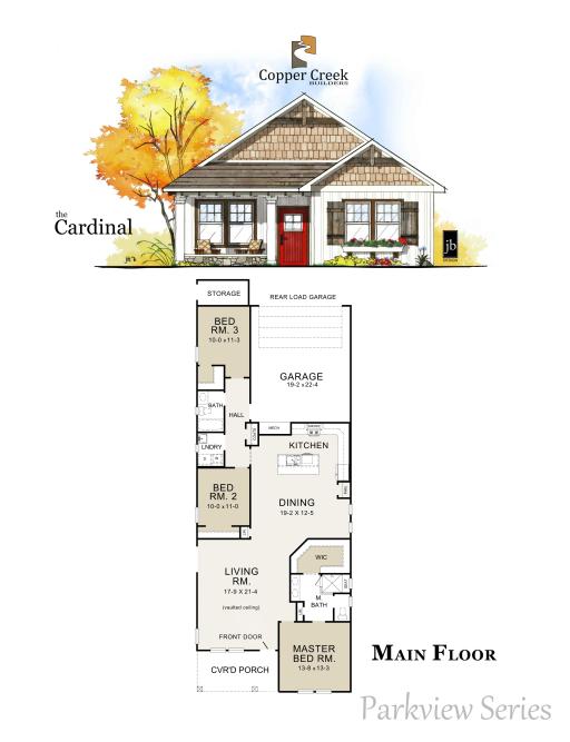 Cardinal floorplan home design showcasing an open-concept living room, kitchen, and dining area with well-sized bedrooms and efficient residential layout